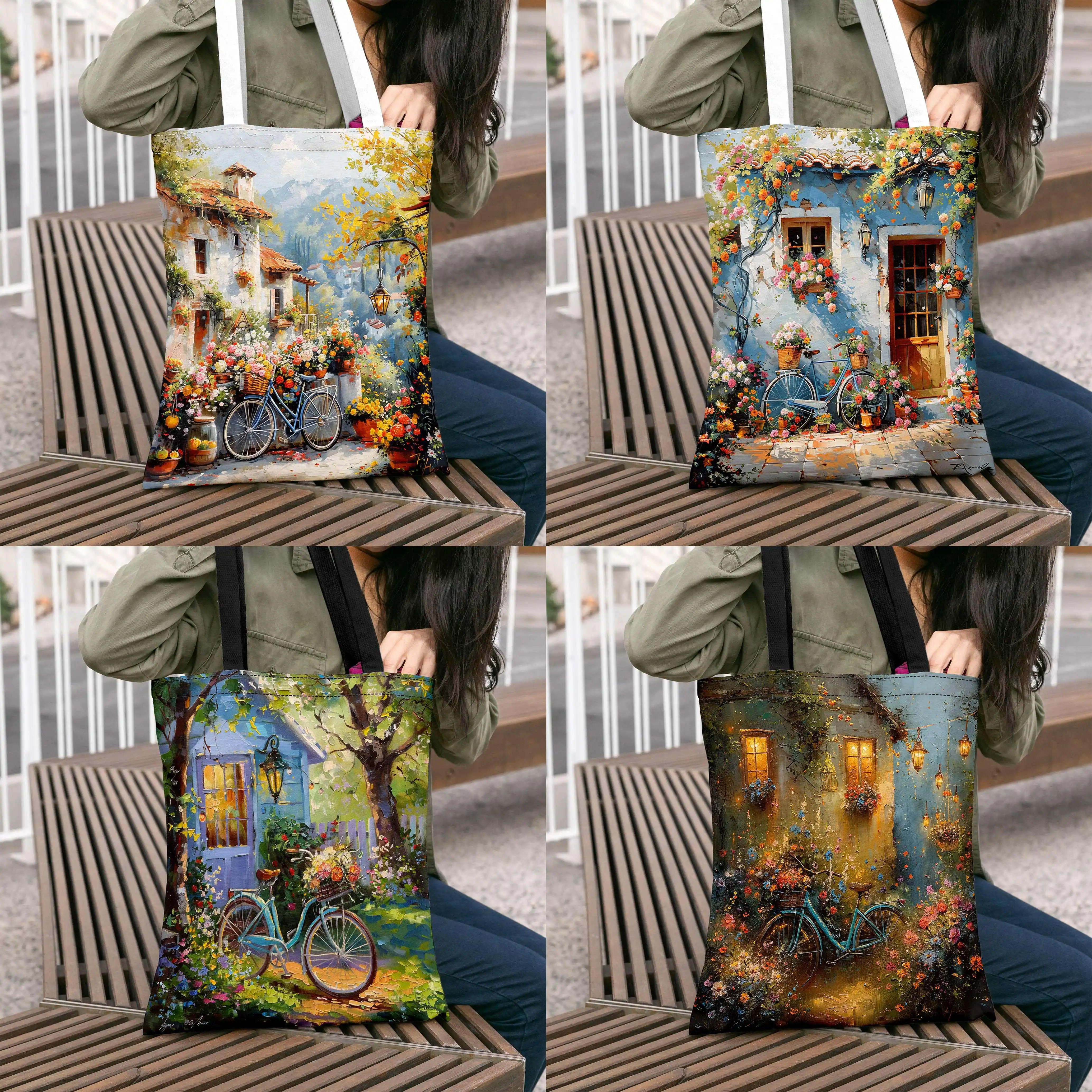 Bezaubernde Handtasche mit ländlichem Fahrraddruck, geräumig und stilvoll mit rustikalen Dorfsszenen, perfekt zum Einkaufen oder für den täglichen Gebrauch – Detail 2