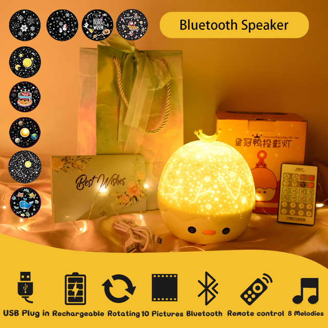 Duck Rotating Starry Sky Projector Lamp Children Night Light Baby Gift Rechargeable Music Bluetooth Speaker Bedroom Decor