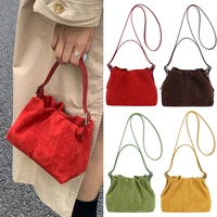 Women PU Leather Crossbody Bag Fashion Suede Shoulder Bag Vintage Small Handbags Tote Female Solid Color Drawstring Bucket Bag