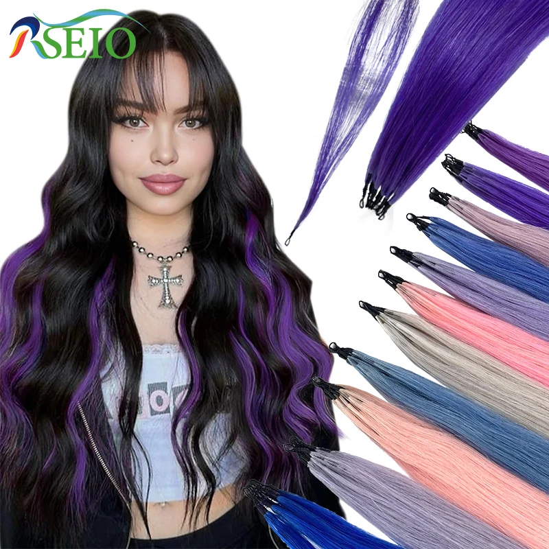 RESIO Color Feather hair extensions Straight 100% Real Human Microring Hair Extensions Color Purple Blue Pink Gray 18-20inch