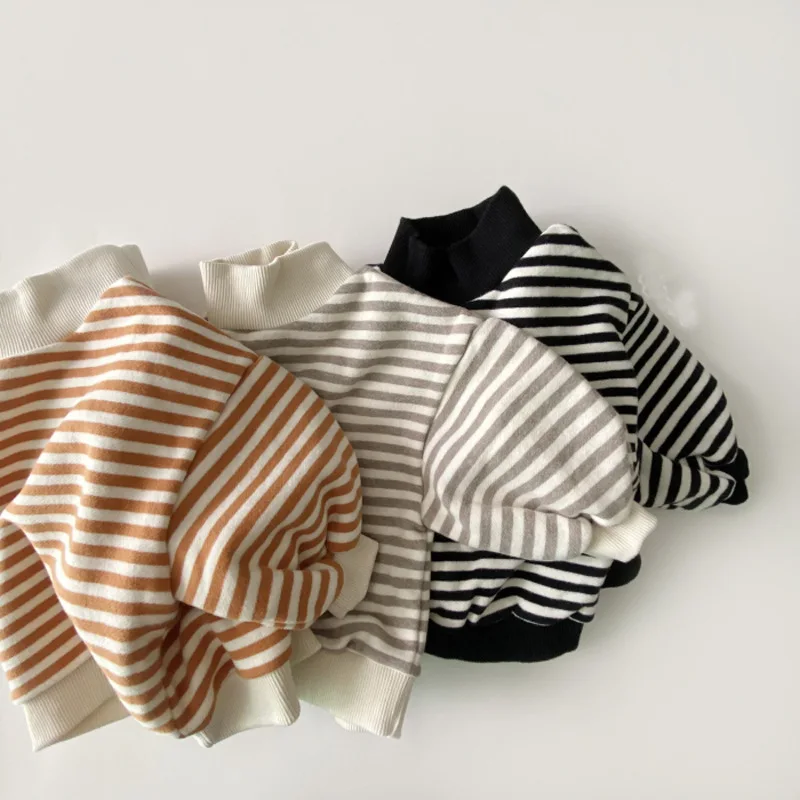 

Autumn Winter Children's Tops Black White Striped Cotton Sweatshirts High Neck Unisex Boys Girls Sweater Tops Kids Clothes Boys