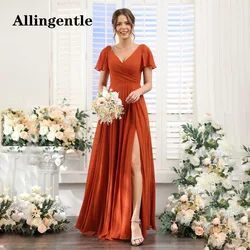 Allingentle Chiffon V-Neck Bridesmaid Dresses Ruffle Short Sleeves Pleated A-Line Floor Length Side Slit with Pocket Formal Gown
