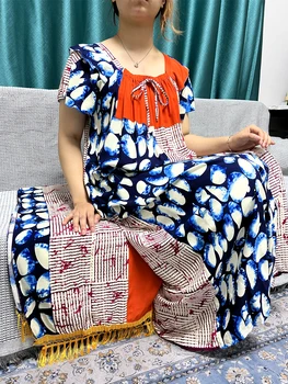 2024 Muslim Cotton Abayas For Women Printed Boat Neck Boubou Maxi Loose Fit Femme Robe African Islam Dresses With Pocket Turban 1