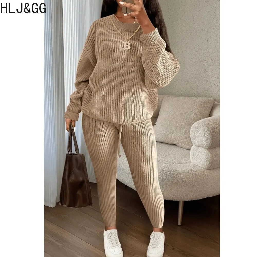 HLJ&GG Autumn Winter Casual Knitting Sweater Two Piece Sets Women Round Neck Long Sleeve Top And Skinny Pants Tracksuits Outfits pullovers men sweater round neck winter all match clothing knitting baggy teens streetwear fashion college