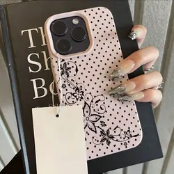 Elegant Black Polka Dot Floral Lychee Soft Phone Case - iPhone 15 Plus (Pink)