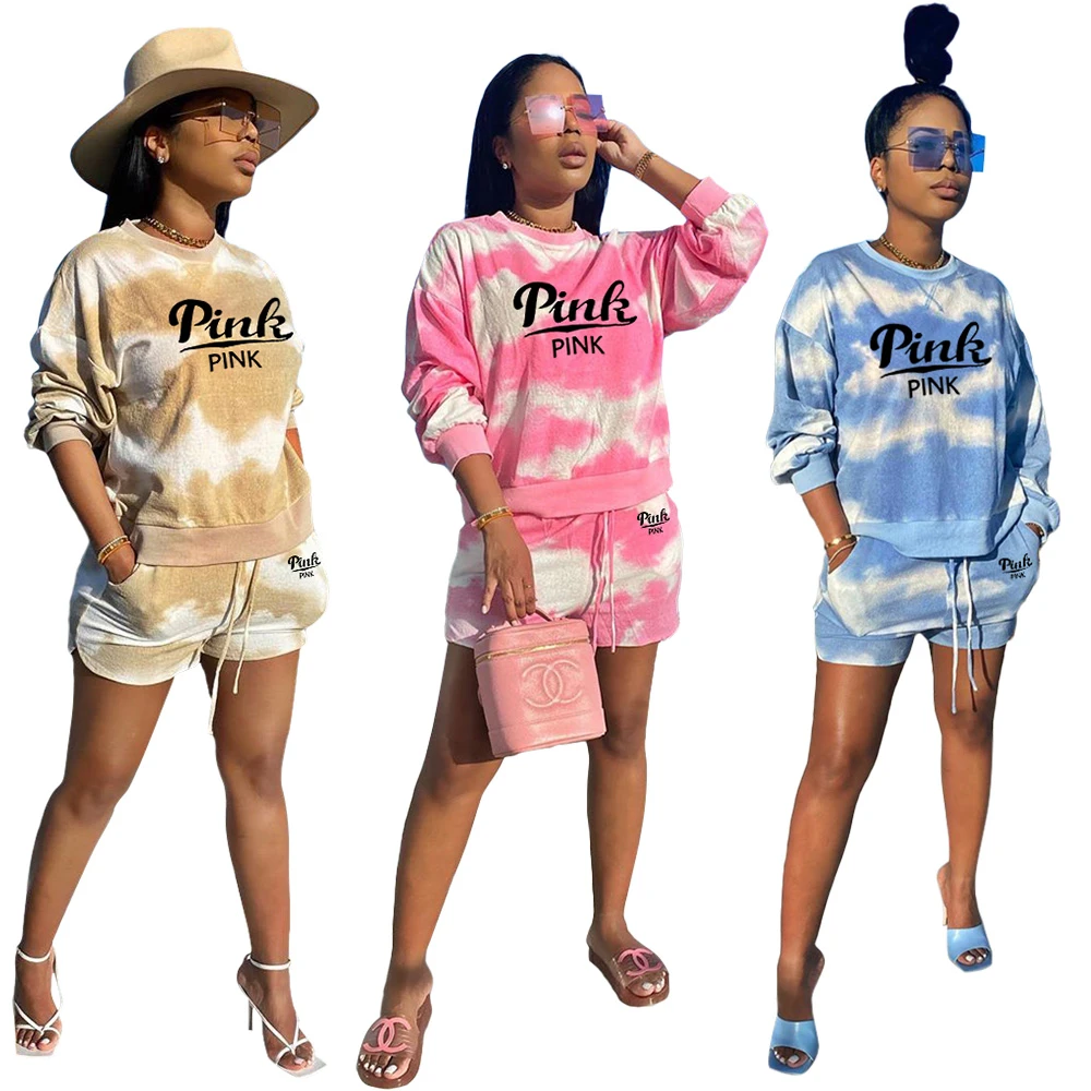 Pink Outfits for Women Casual Two Piece Shorts Set Pink Letter Print Tie Dye Shirts and Shorts Tracksuit Sets Women 2 Piece Set ladies suits for weddings