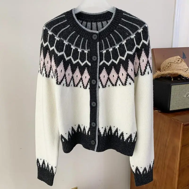 

Vintage Fel Island Women Knitted Christmas Cardigan Contrast Diamond Korean Brand Fashion Loose Wool Sweater Coats 2023 Clothes