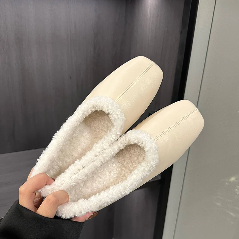 Women Flat Shoes Multicolor Square Toe Wool Warm Comfortable Anti-skid Rubber Sole Work Shoes Autumn Genuine Leather Women Pumps