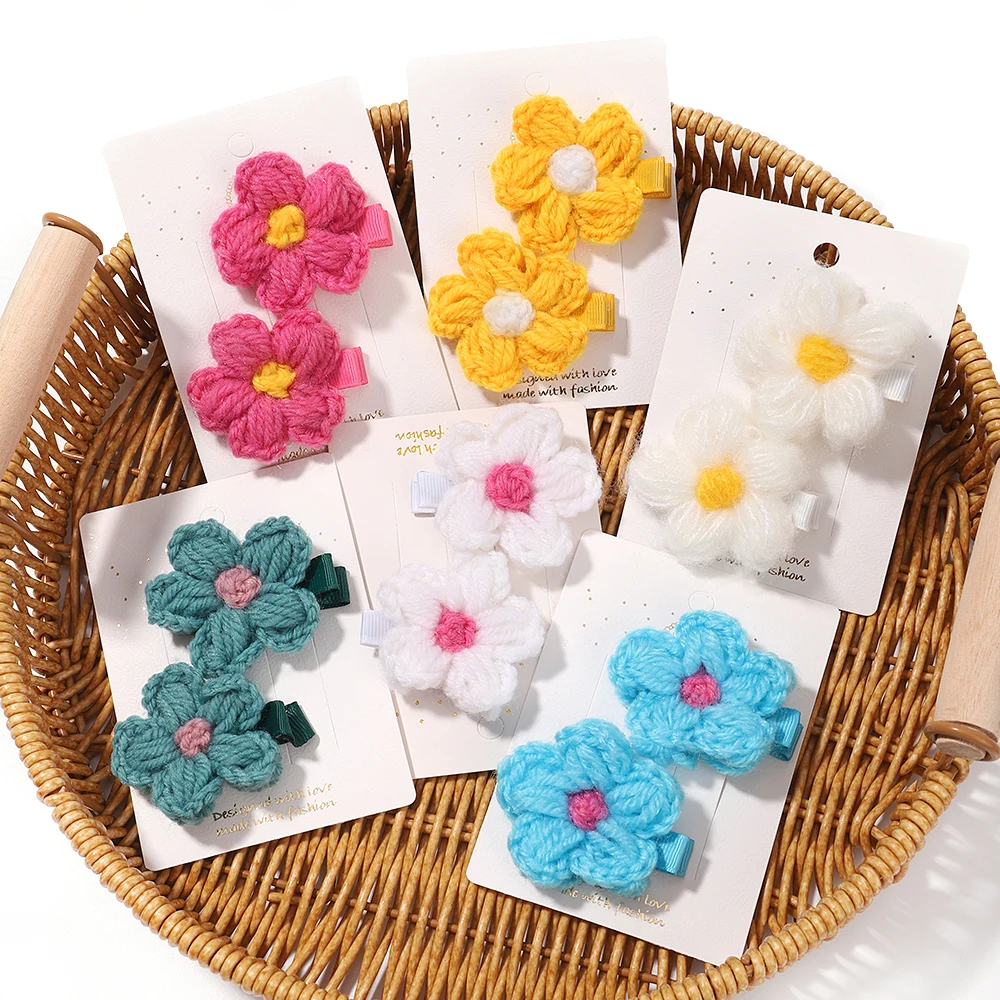 

6pcs/set Baby Girls Wool Knitting Headwear Handmade Crochet Small Puff Flower Safe Hairs Clips Children Hairpins Hair Accessory