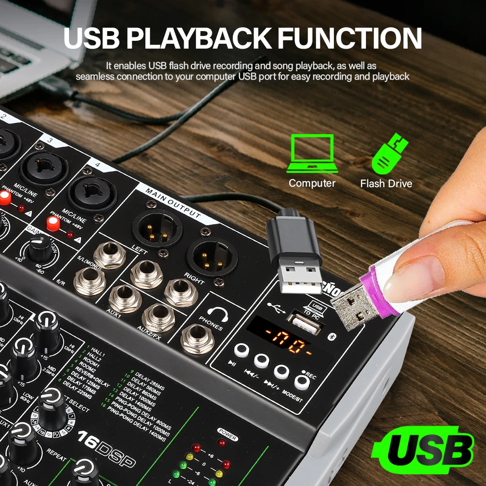 DGNOG MG06 프로페셔널 DJ 오디오 믹서 48V 팬텀 파워 16 DSP USB 블루투스 레코딩 믹싱 콘솔 무대 가라오케 스튜디오용