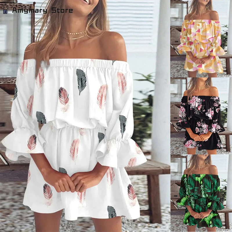 

Летнее женское платье на одно плечо с принтом, сексуальное модное повседневное мини-платье-бандо с расклешенным рукавом, детские платья для отпуска