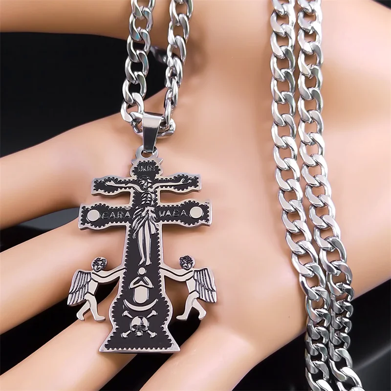 Katholische INRI Caravaca Kreuz Kruzifix Cherub Engel Halskette Frauen Männer Edelstahl Orthodox Russland Halsketten Schmuck N9612S05 – Detail 6