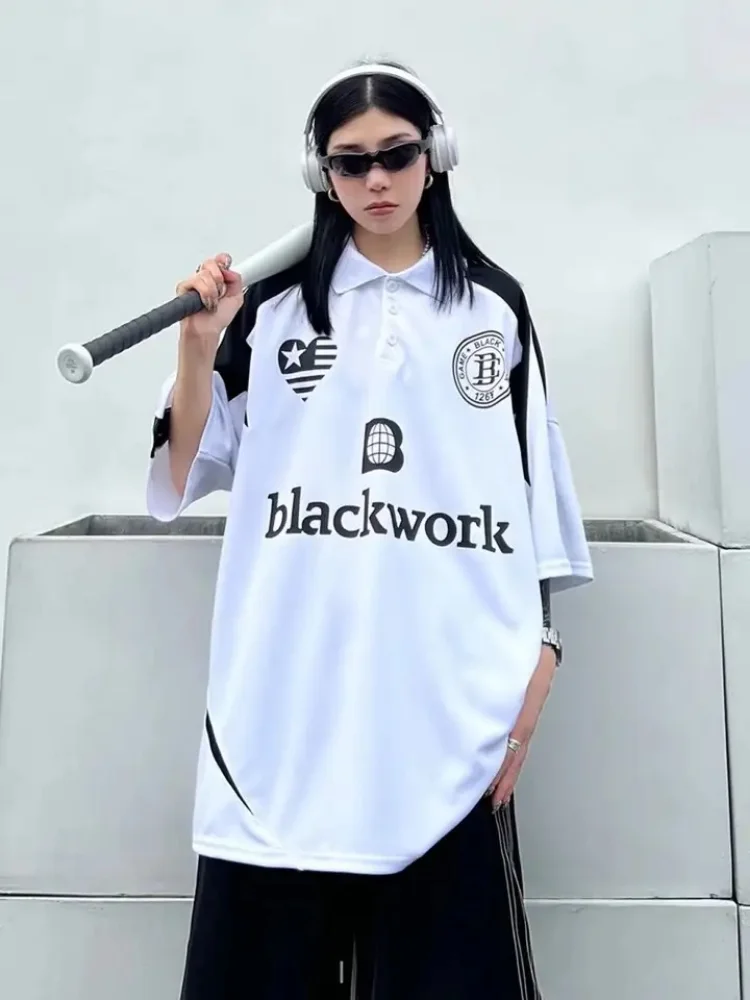 

Oversized Polo Collar T-Shirt Summer Men And Women Street Harajuku Baseball Hip-Hop Clothing Short-Sleeved Alphabet Print Tops