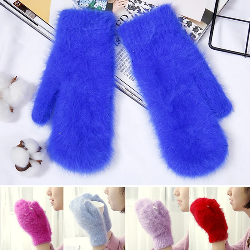 

1 Pairs Plush Elastic Gloves Solid Color Thicken Warm Gloves Rabbit Wool All Finger Mittens Handmade Women Gloves