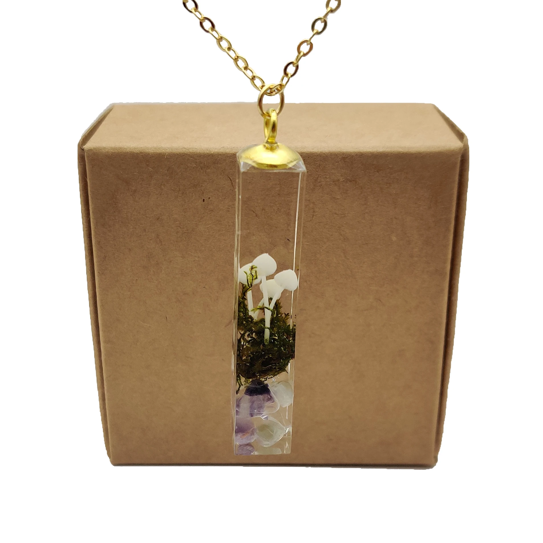 Mushroom 3D Forest Landscape Transparent Cube Resin Gold Color Pendant Chain Long Necklace Women Boho Fashion Jewelry Handmade cube 15mm 20mm 25mm natural wood loose woodcraft beads for handcraft diy jewelry making