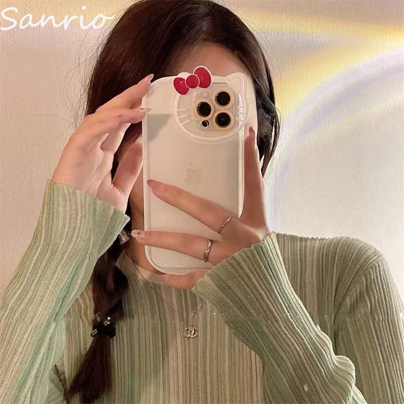 

Kawaii Sanrio Hello Kitty IPhone14 Cute Transparent Phone Case Suitable for 12/11promax/13/13Pro/14Promax Dorky Cat Ears Design