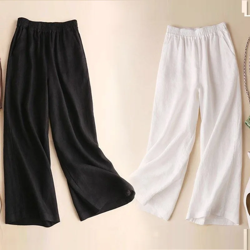 Women Cotton Linen Wide Leg Pants Female Summer Pants Full Length Casual Pants Fashion Solid Loose High Waist Straight Trousers 5