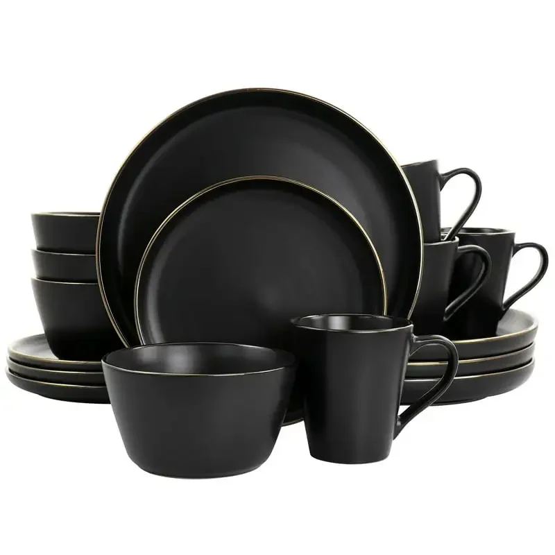 

Paul 16 Piece Stoneware Dinnerware Set in Matt Black with Gold Rim