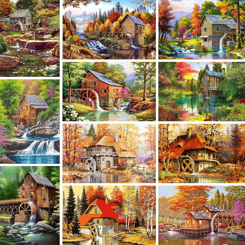 

5D DIY Diamond Painting Landscape Creekside Watermill Full Drill Autumn Cabin Scenery Picture of Rhinestones Mosaic Embroidery