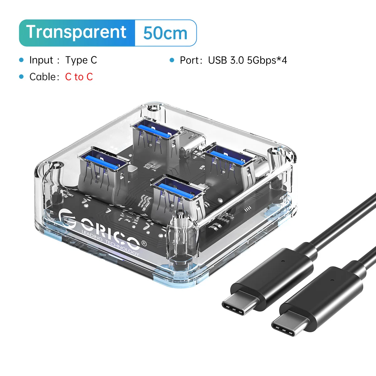 ORICO Transparent Usb C Hub 4 Port Expansion With Power thumbnail 3