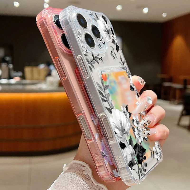 Floral Shockproof Silicone Phone Case with Card Slot Pocket