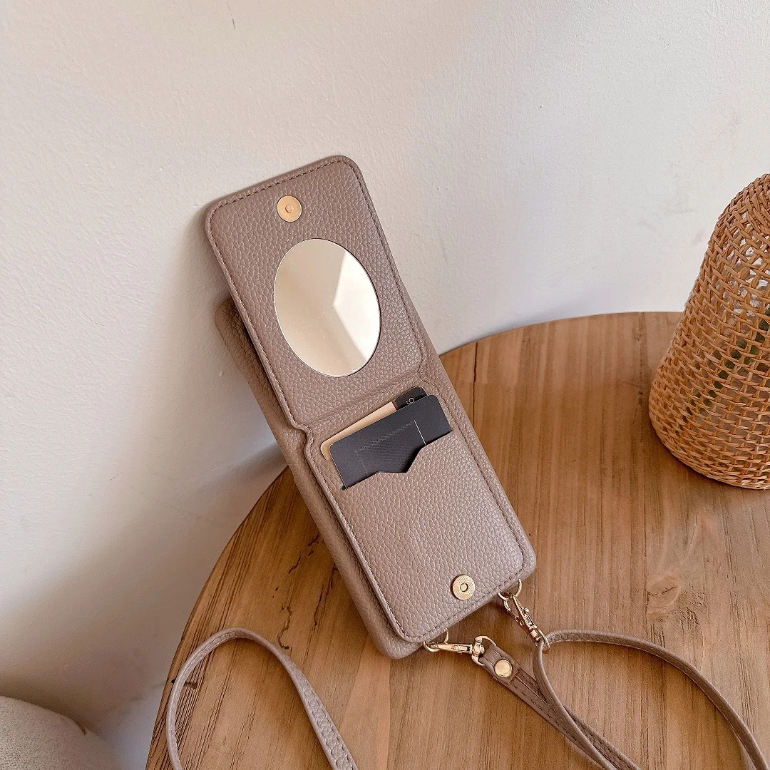 Luxury Leather Card Wallet Case with Shoulder Strap and Makeup Mirror Cover - Featuring Ring Stand Functionality