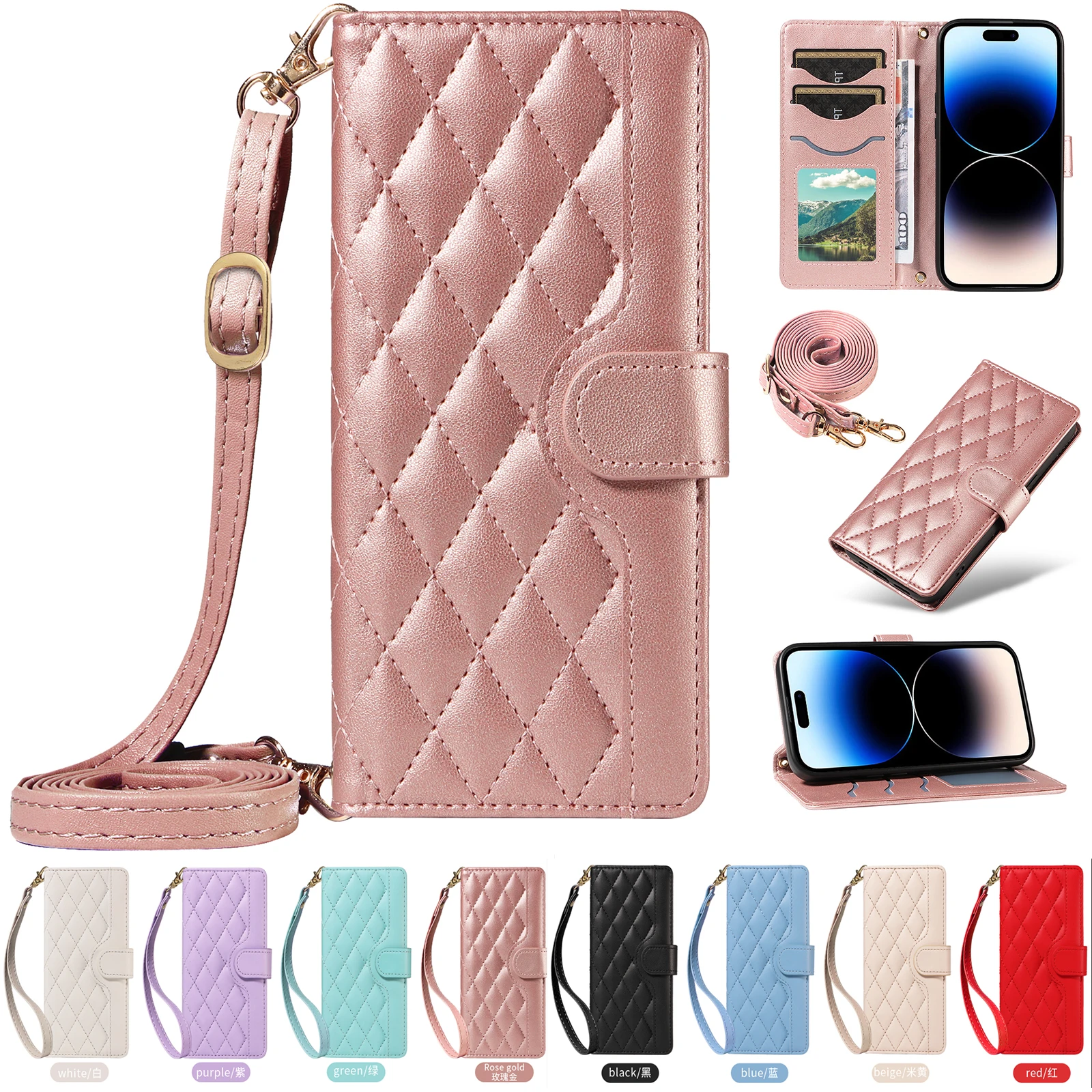 Luxury Rhombus Leather Crossbody Wallet Case with Card Slots and Lanyard