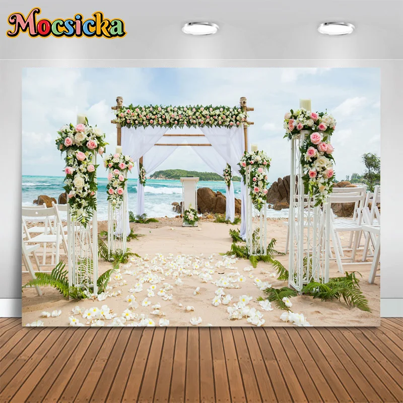 

Mocsicka Photography Backgrounds Wedding Party Bridal Dress Photo Backdrops Beach Flower Sea Banner Photo Studio Portrait