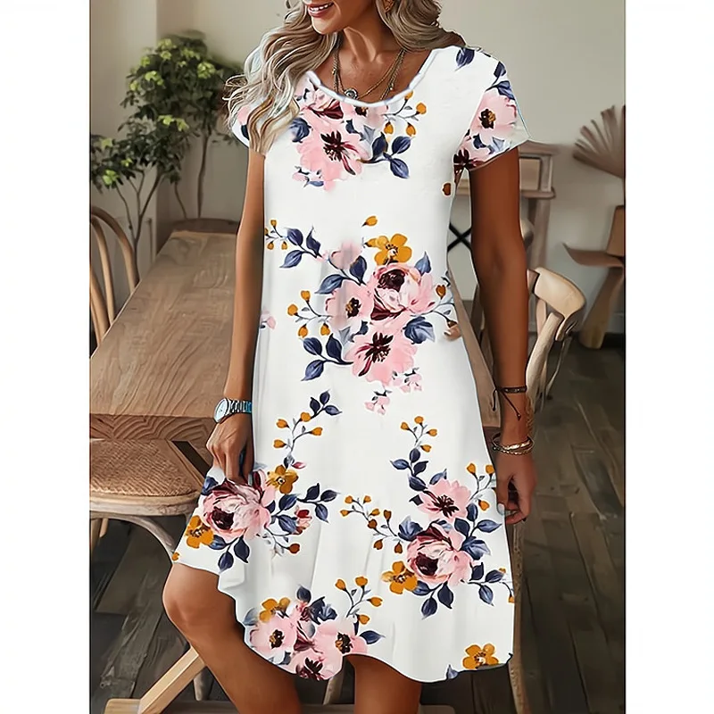

Women's Summer Short Sleeve Dress Fashion Clothing Casual Oversized Round Neck Printed Party Dresses Female