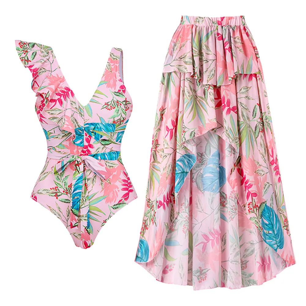 

Deep V Ruffled Vintage Flora Print Bikini Swimsuit & Skirt Women Sexy Asymmetrical One Piece Swimwear Beach Bathing Suits