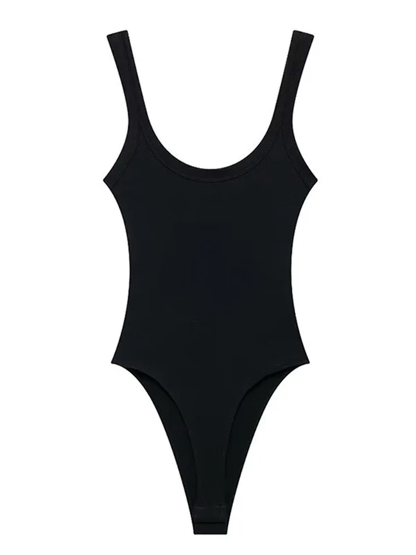 Skinny Ribbed Bodysuits, O Neck, Straps, Snap-Button,