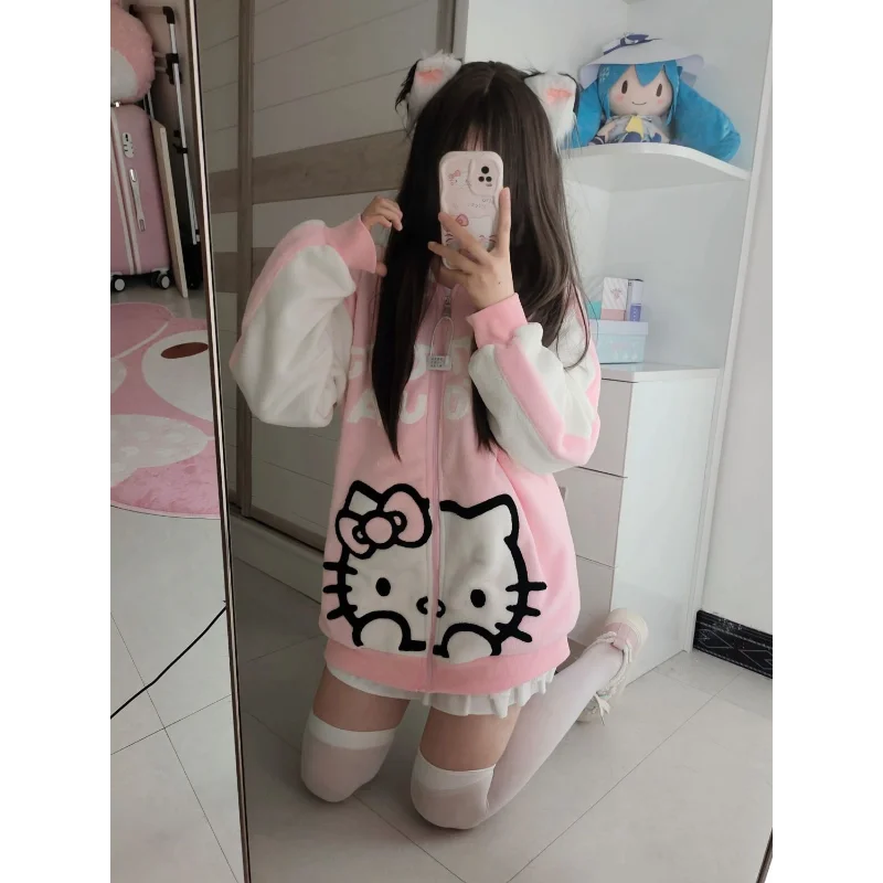 

Sanrio Hello Kitty Kawaii anime cartoon embroidered polar fleece cardigan thickened jacket for women winter new warm and loose