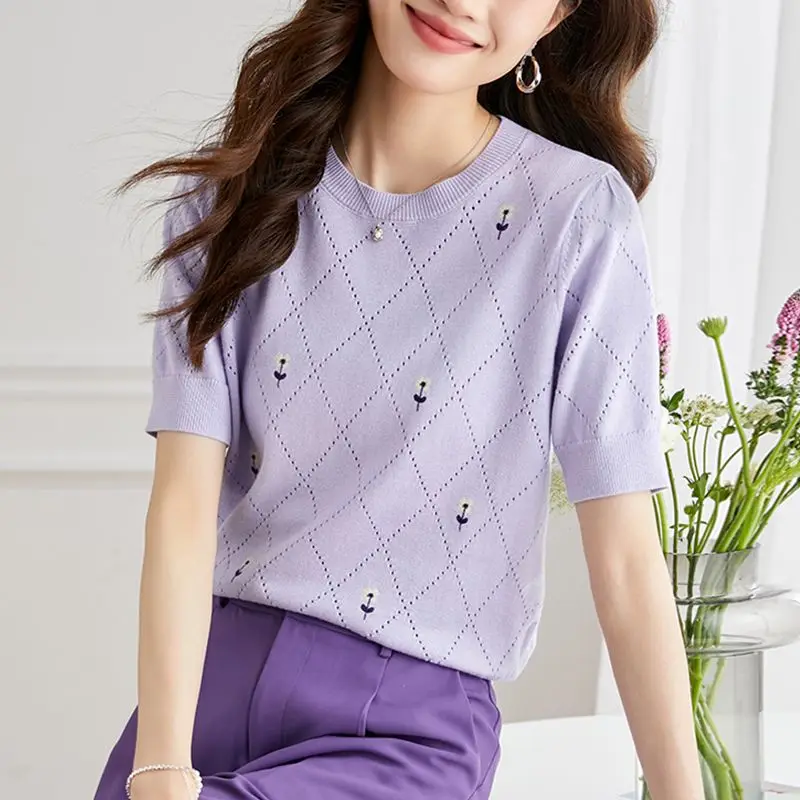 

Woman T Shirts Solid Casual Round Neck Short Sleeve Women Knitted T-shirt Bottoming T Shirt Knitting Tee Print Hollow Out S131