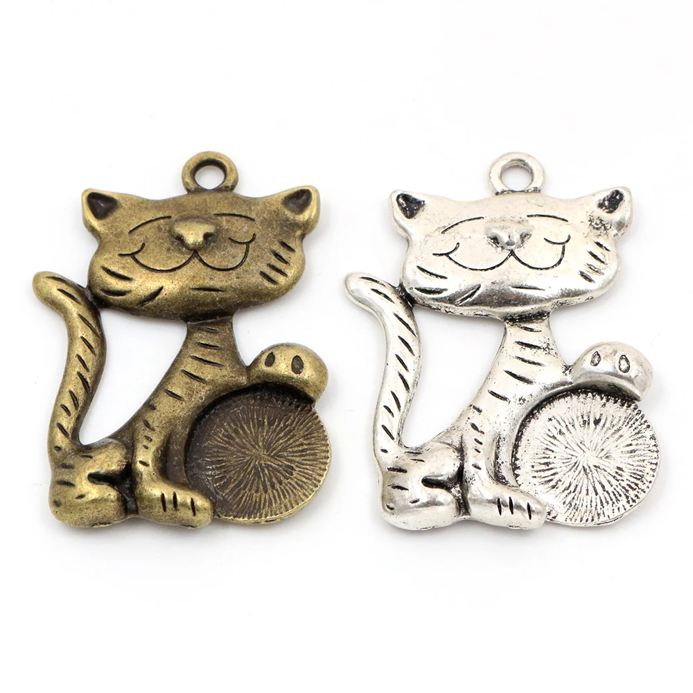 47x34mm 2 stücke Antike Sliver und Bronze Überzogene Katze Handgemachte Charme Anhänger: DIY für armband halskette