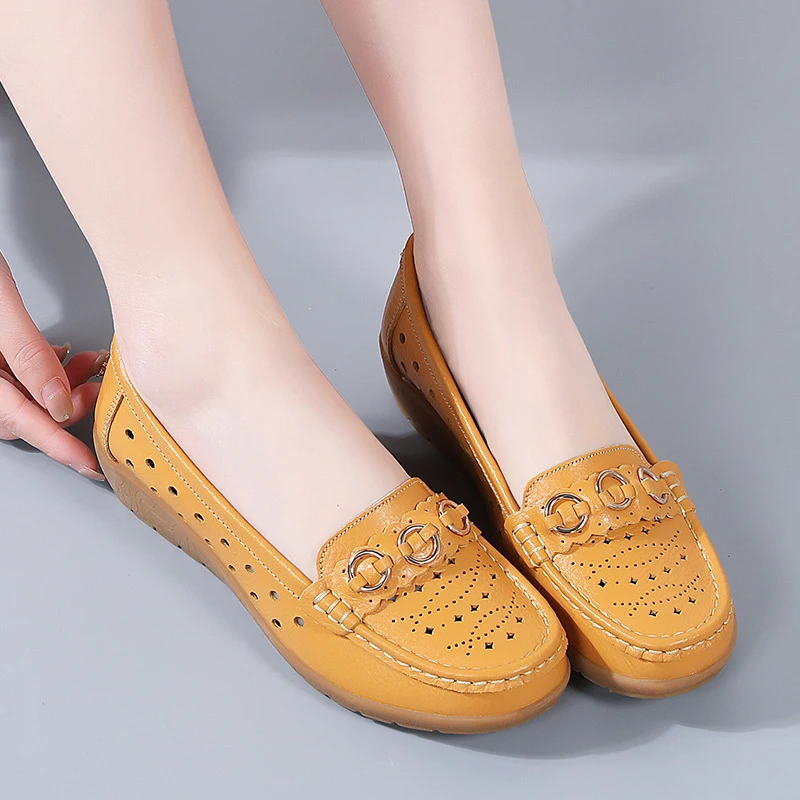 Shoes for Women Summer Casual Shoes Leather Ladies Breathable Flats Cut Out Women's Loafer Office Slip-on Moccasins