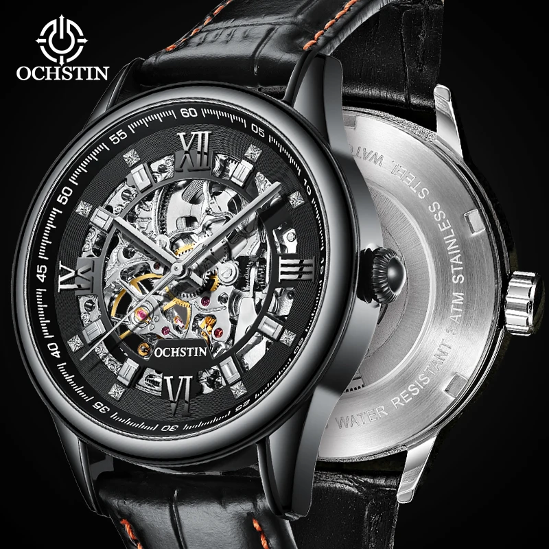 Gift New Fashion Men Sports Mechanical Watches Male Luxury Leather Strap Black Dial Automatic Military Wristwatch OCHSTIN