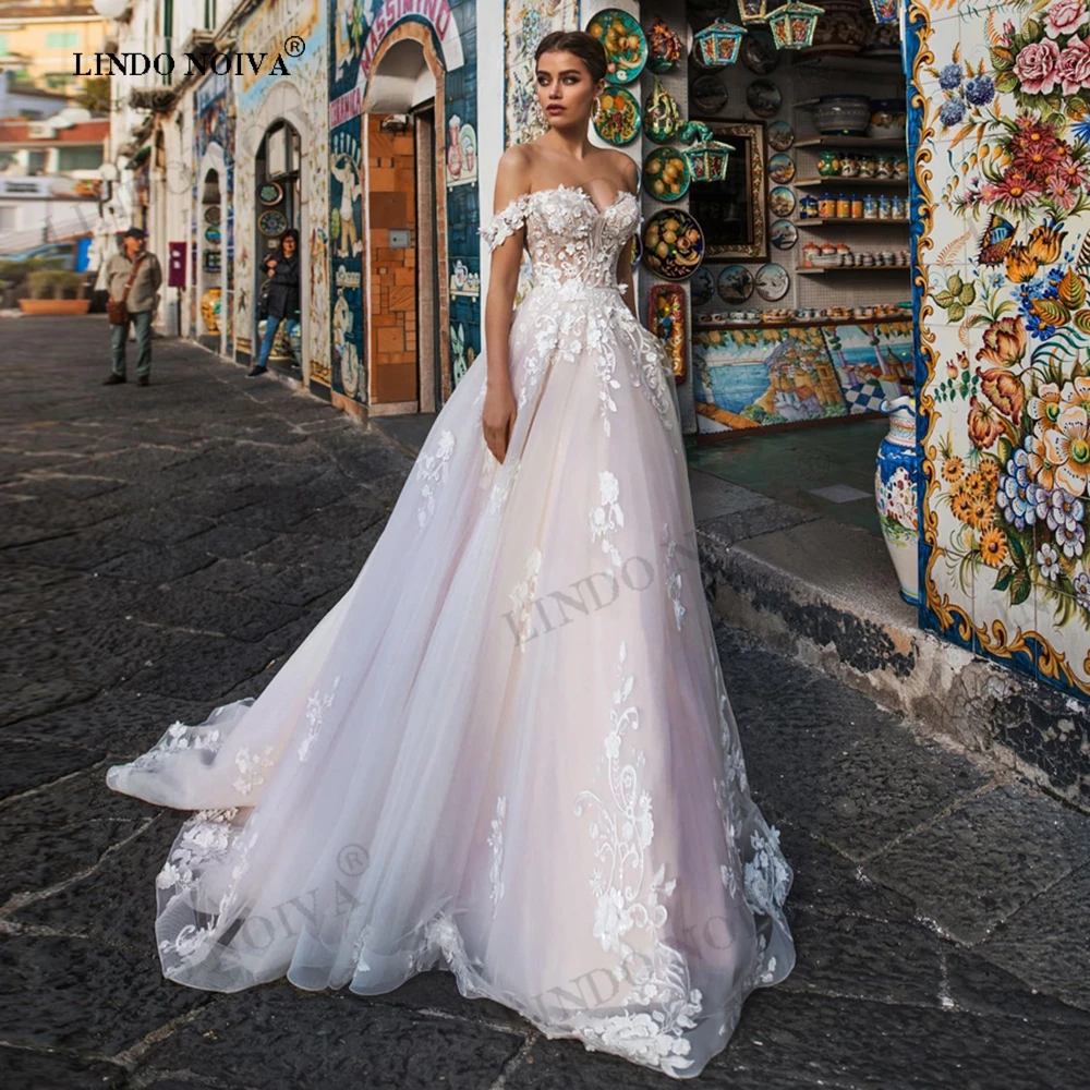 

LINDO NOIVA vestidos para mujer Off the Shoulder Illusion Tulle Wedding Dresses Sexy A-line Summer Lace Appliques Bridal Dress
