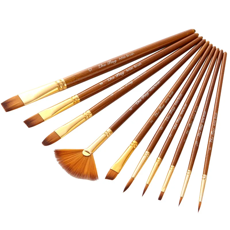 10pcs Artist Paint Brush Set with Fan Brush Multiple Styles Nylon Hair Short Rod Brown Painting Brush for Watercolor Oil Acrylic wholesale bristle hair wall paint brush artist brush oil graffiti wooden building painting background diy scrubbing brush set