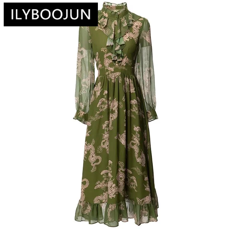 

ILYBOOJUN Fashion Women's New Edible Tree Fungus Edge Stand-Up Collar Indie Folk Style Single-Breasted Vintage Print MIDI Dress