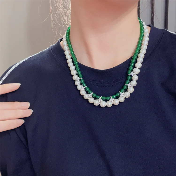 2 Strands Natural freshwater pearl green agate necklace