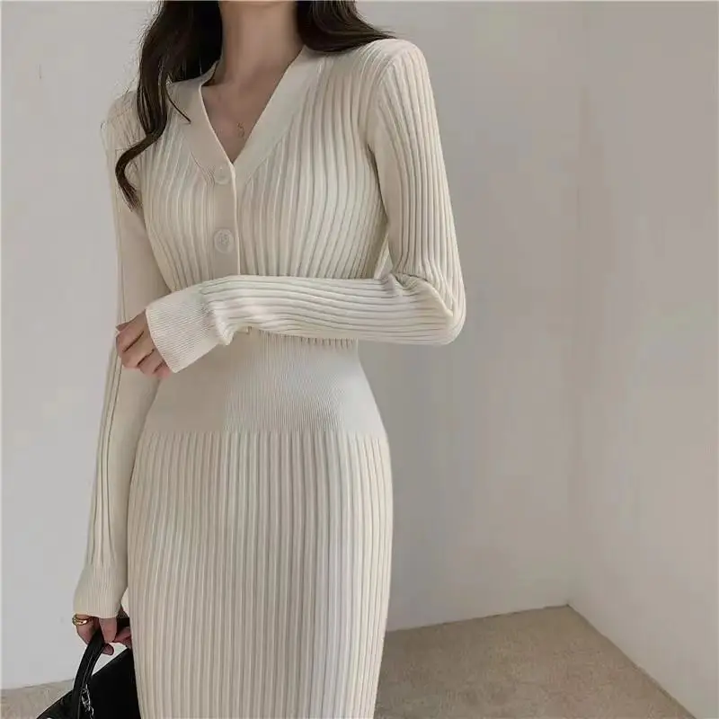 

Zoki Vintage Knitted Sweater Dresses Women Korean Autumn Winter Long Sleeve Slim Midi Dress Elegant Button V Neck Sweater Dress