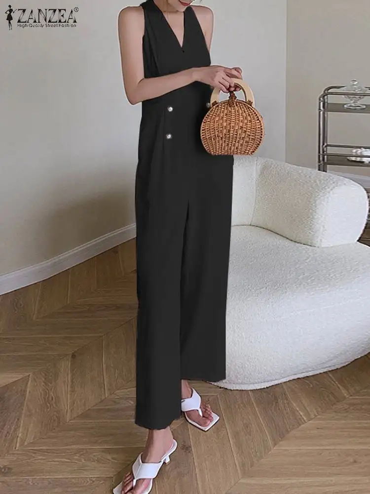 

ZANZEA Summer Solid Color Workwear Playsuits Women Elegant Jumpsuits Casual Sleeveless V Neck Long Rompers Office Lady Overalls