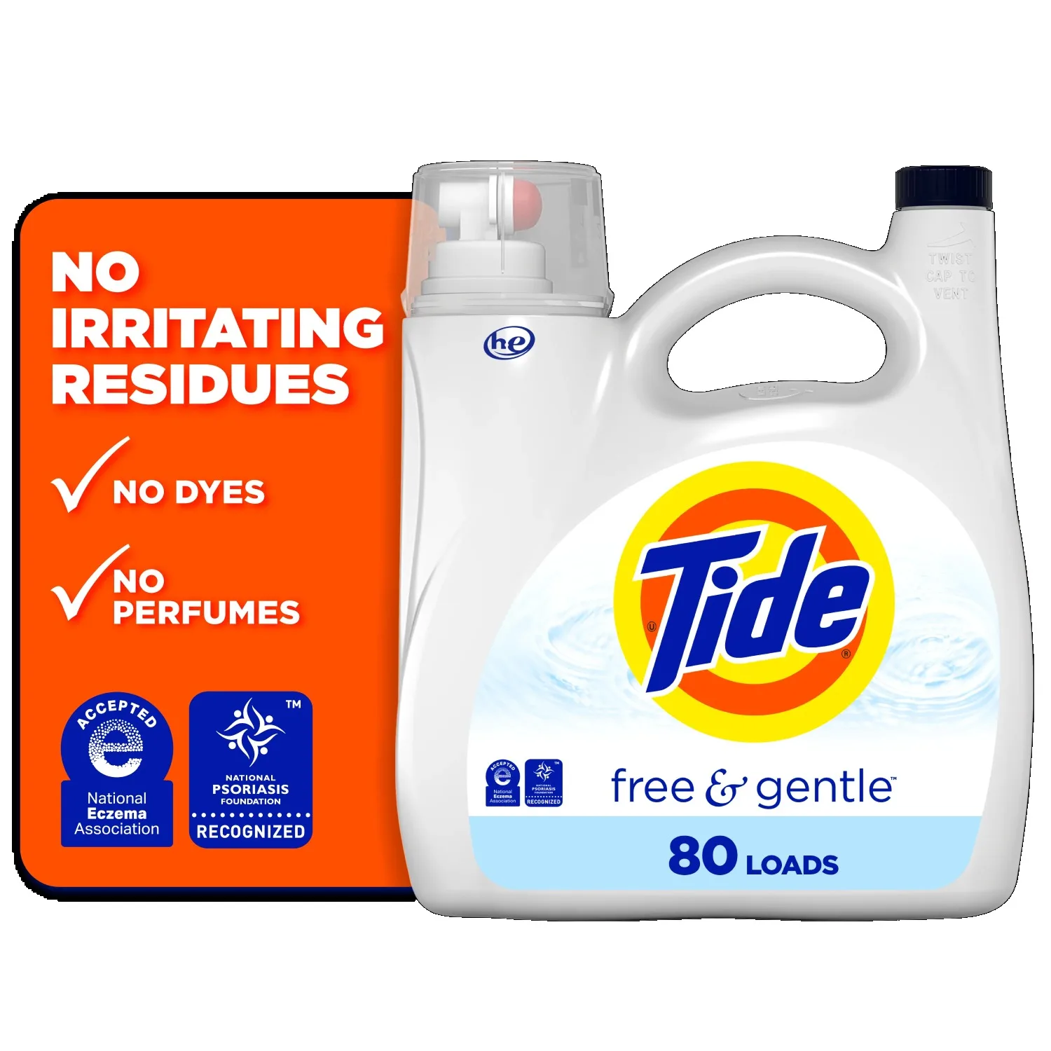 Tide Free & Gentle Liquid Laundry Detergent, 80 Loads, 105 fl oz