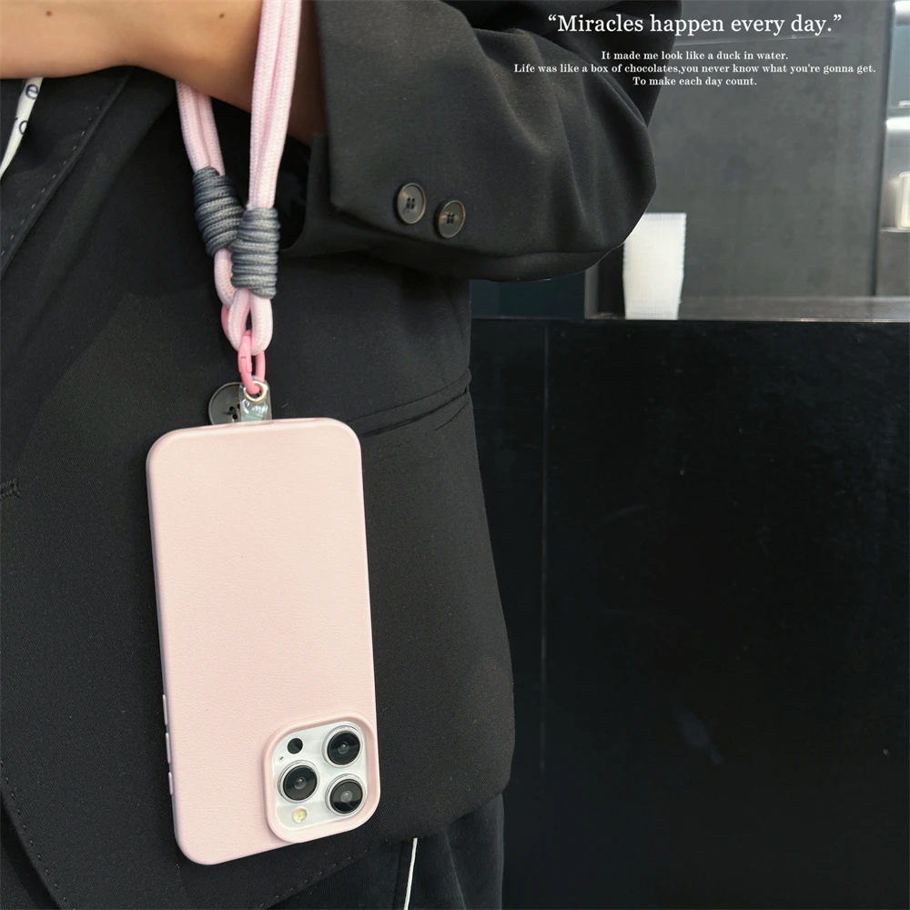 Étui en cuir à texture bonbon mignon et tendance avec dragonne pour iPhone 15 14 11 12 13 16 Pro Max Plus X XR XsMax Couverture de couleur unie_voghion.com