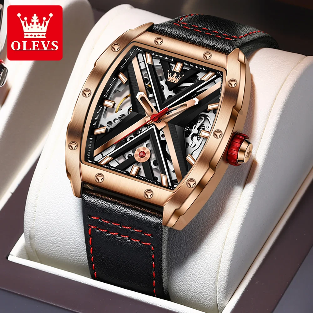 

OLEVS Brand New Fashion Skeleton Mechanical Watch for Men Sport Leather Waterproof Luminous Tonneau Dial Luxury Watches Mens