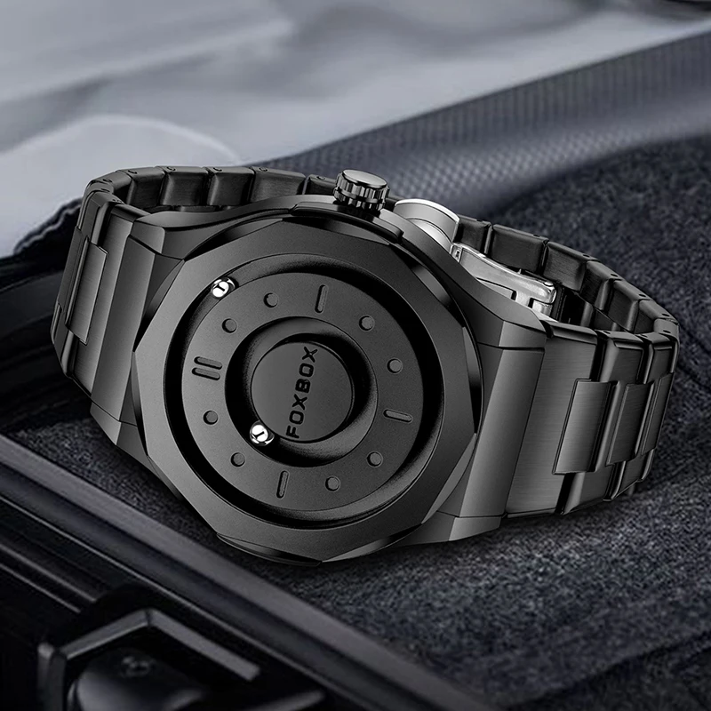 FOXBOX New Rolling Pointer Magnetic Force Waterproof Watch For Men Black Stainless Steel Sport Men Quartz Watches Reloj Hombre