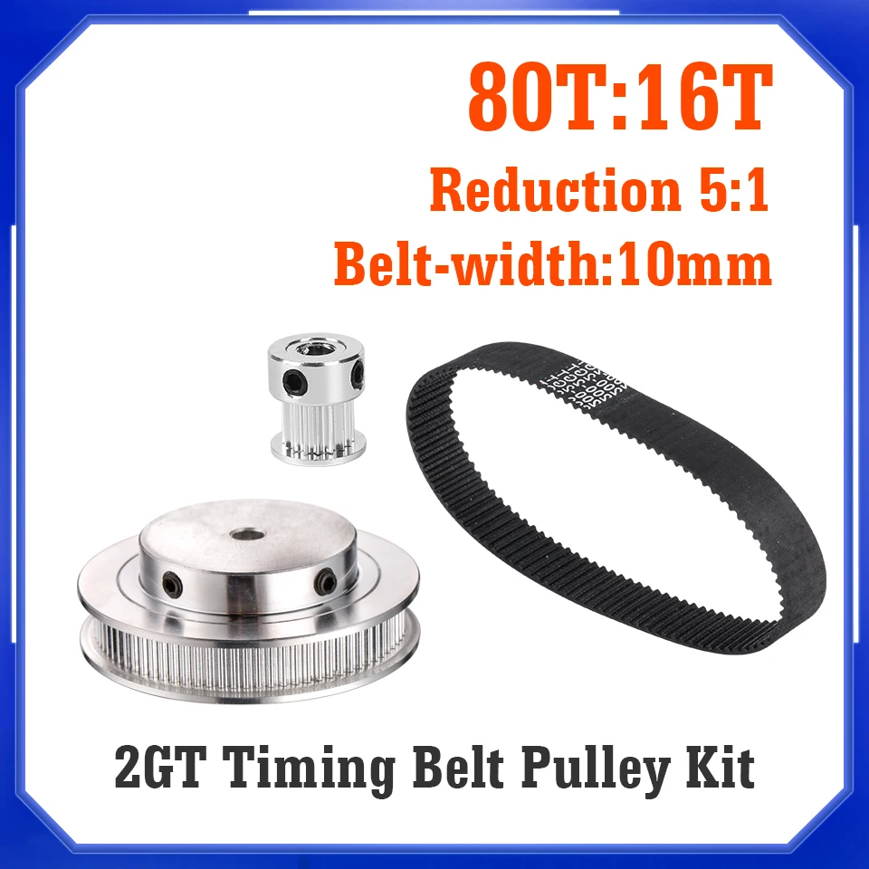 

GT2 Synchronous Timing Belt Pulley 80teeth 16teeth 5mm/6mm/8mm/10mm/12mm Reduction 5:1/1:5 belt width 10mm for 3D printer part
