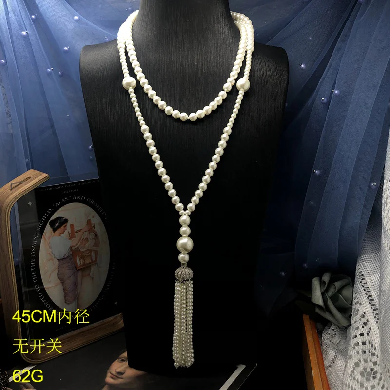 

New Elegant Antique Vintage Glass Pearl Long Sweater Necklace White Tassel Enamel Glaze Medieval Jewelry for Party Wedding