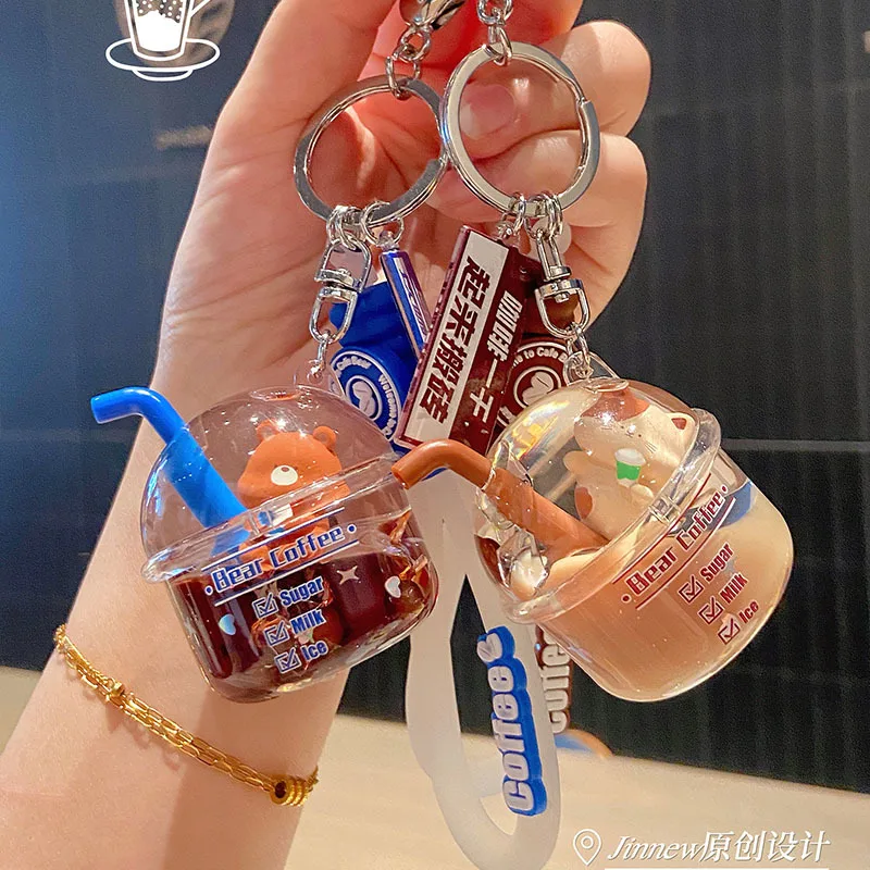 Cartoon Coffee Bear Milk Tea Cup Portachiavi Floating Quicksand Coffee Cat Portachiavi Donna Uomo Car Bag Ciondolo Portachiavi Regali