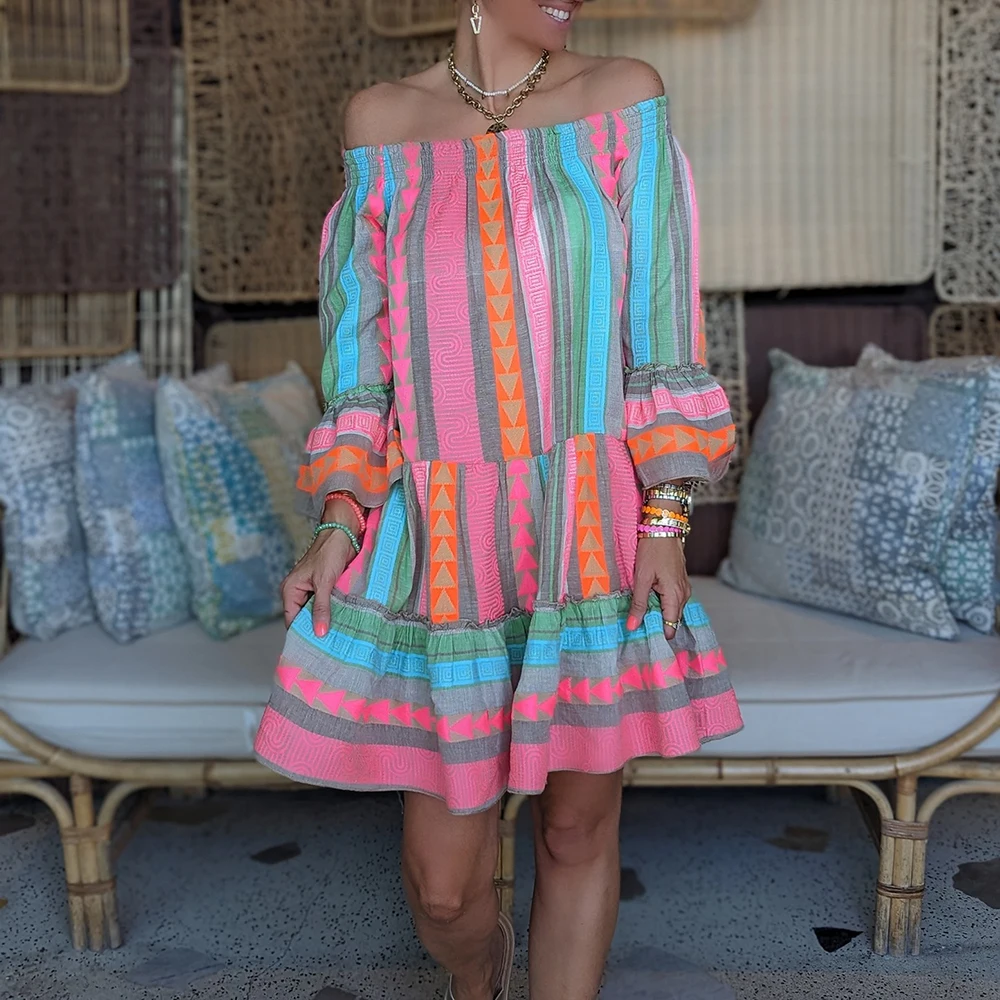 

Maxi Dresses For Women Striped Printed Patchwork Pleated Sexy Short Sleeve Wrap Waist Vestidos Fashion Ladies Streetwear Robes